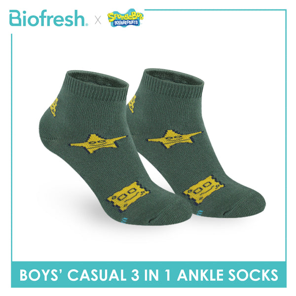 Biofresh | SpongeBob Boys' Antimicrobial Cotton Thin Casual Ankle Socks 3 pairs in 1 pack SBRBCG532