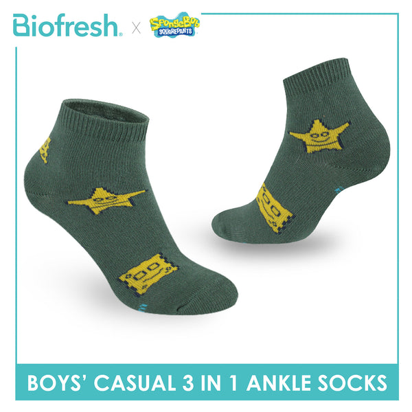 Biofresh | SpongeBob Boys' Antimicrobial Cotton Thin Casual Ankle Socks 3 pairs in 1 pack SBRBCG532
