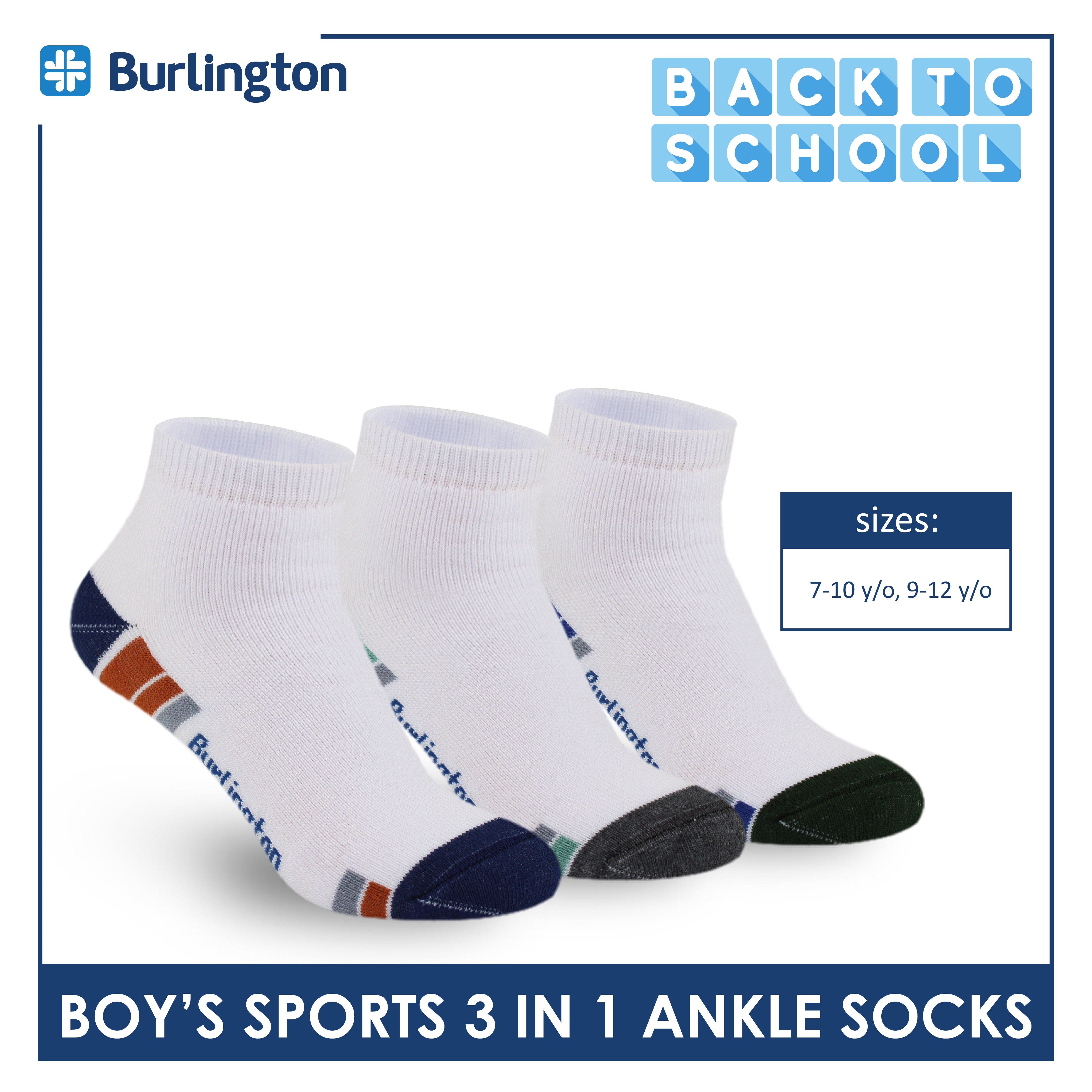 Burlington Boys’ Cotton Sports Ankle Socks 3 pairs in 1 pack BBSKG38