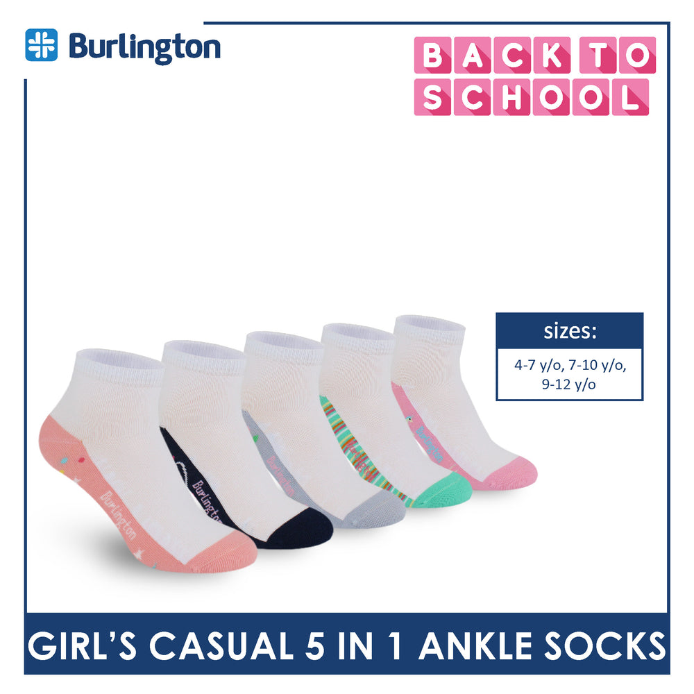 Burlington Girl's Cotton Lite Casual Ankle Socks 5 pairs in 1 pack BGCKG1F