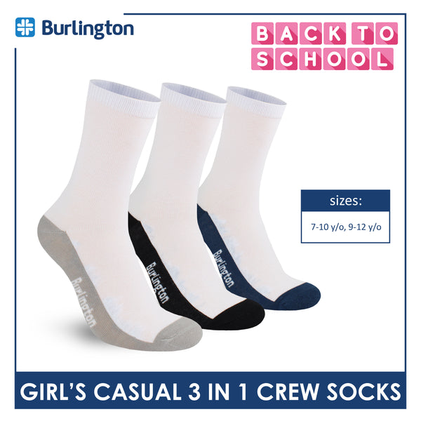 Burlington Girl's Cotton Lite Casual Crew Socks 3 pairs in 1 pack BGCKG60
