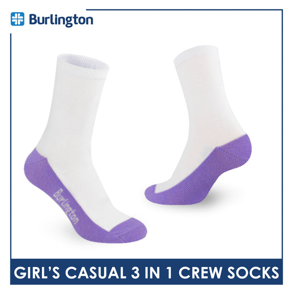 Burlington Girl's Cotton Lite Casual Crew Socks 3 pairs in 1 pack BGCKG60