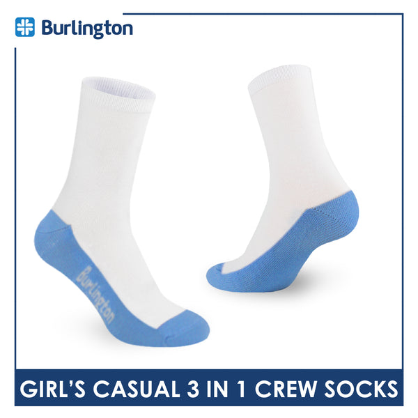 Burlington Girl's Cotton Lite Casual Crew Socks 3 pairs in 1 pack BGCKG60