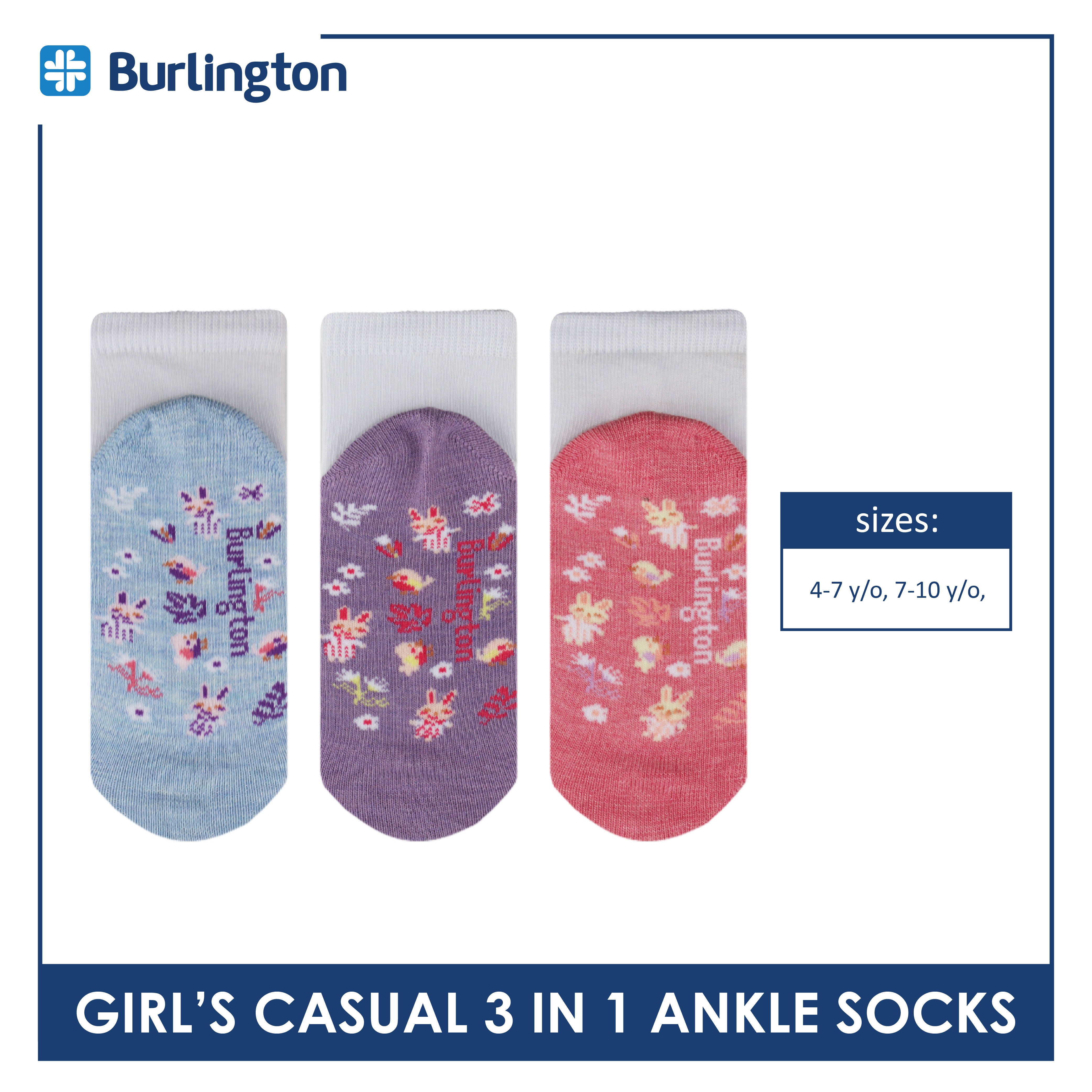Burlington Girl's Cotton Thin Casual Ankle Socks 3 pairs in a pack BGCKG62