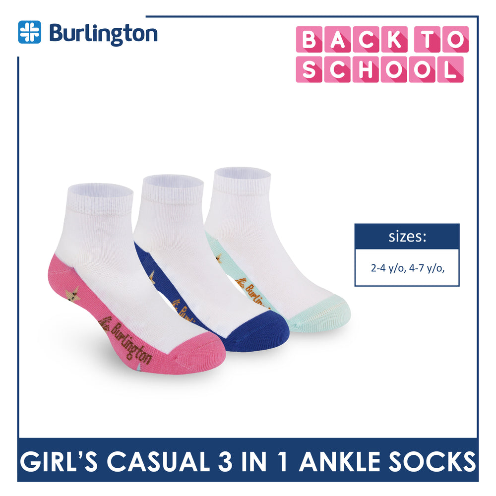 Burlington Girl's Cotton Lite Casual Ankle Socks 3 pairs in 1 pack BGCKG66
