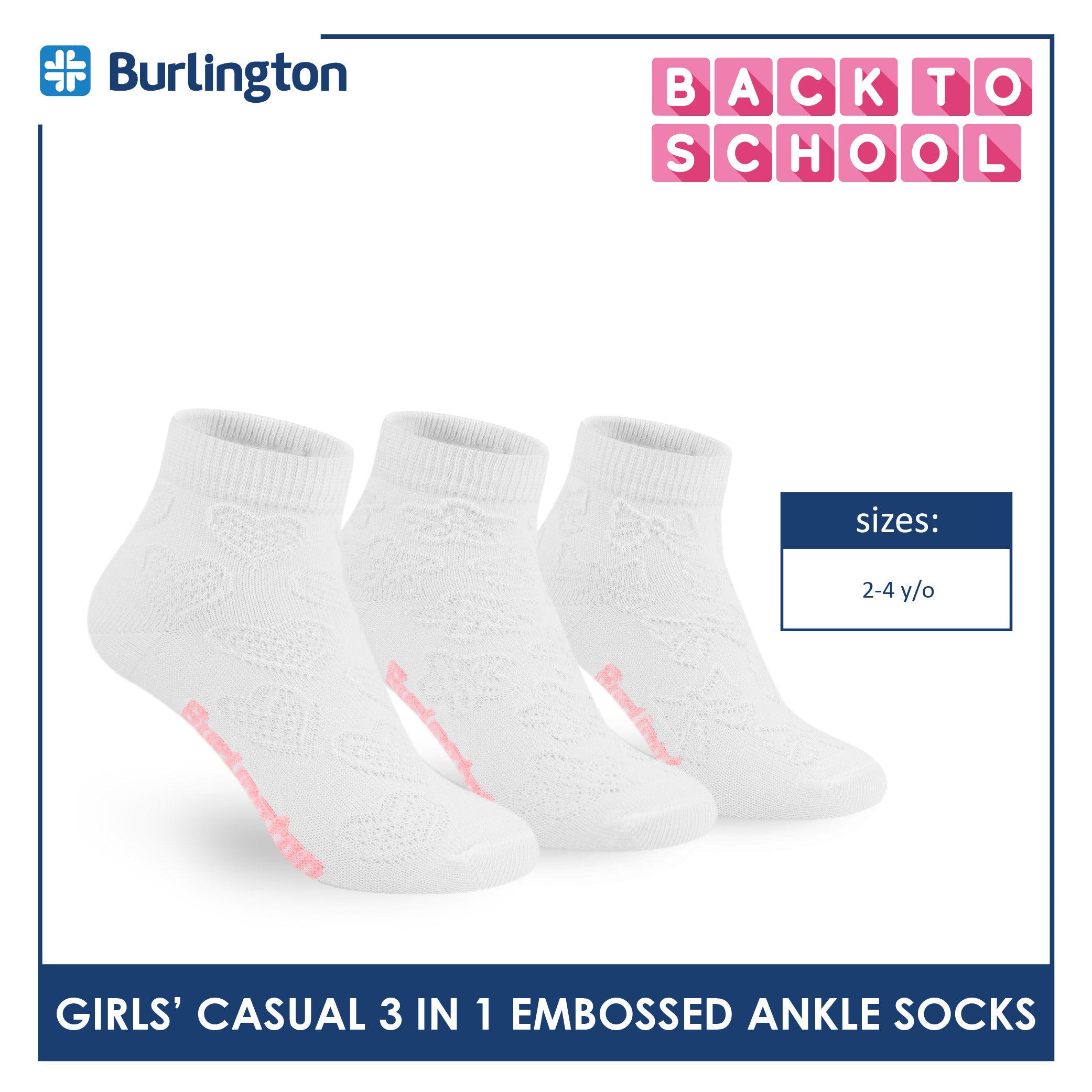 Burlington Children's Embossed Cotton Lite Casual Ankle Socks 3 pairs in 1 pack BGCMG1