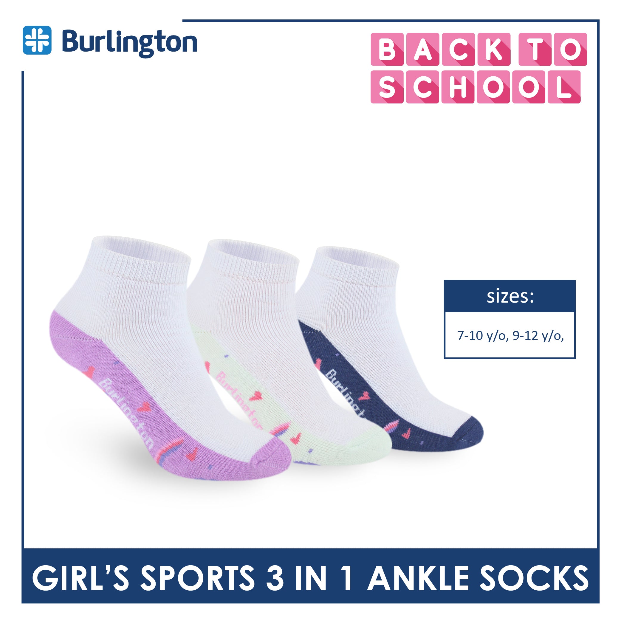 Burlington Girl’s Cotton Sports Ankle Socks 3 pairs in 1 pack BGSKG23