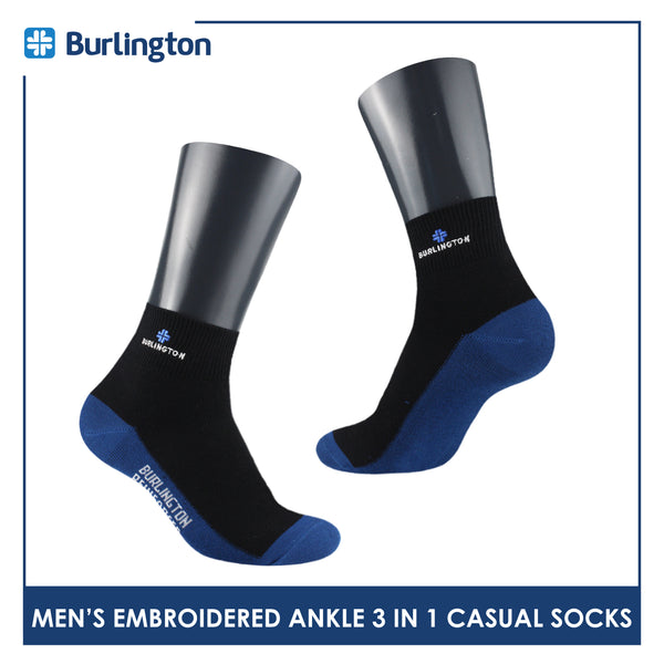 Burlington Men's Cotton Embroidered Thin Casual Ankle Socks 3 pairs in a pack BMCEKG01