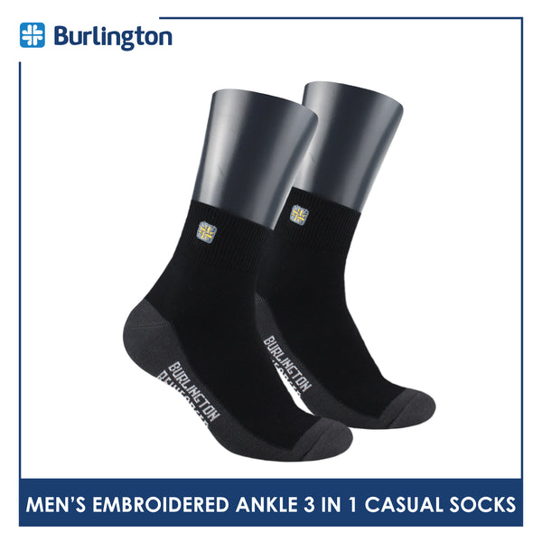 Burlington Men's Cotton Embroidered Thin Casual Ankle Socks 3 pairs in a pack BMCEKG01