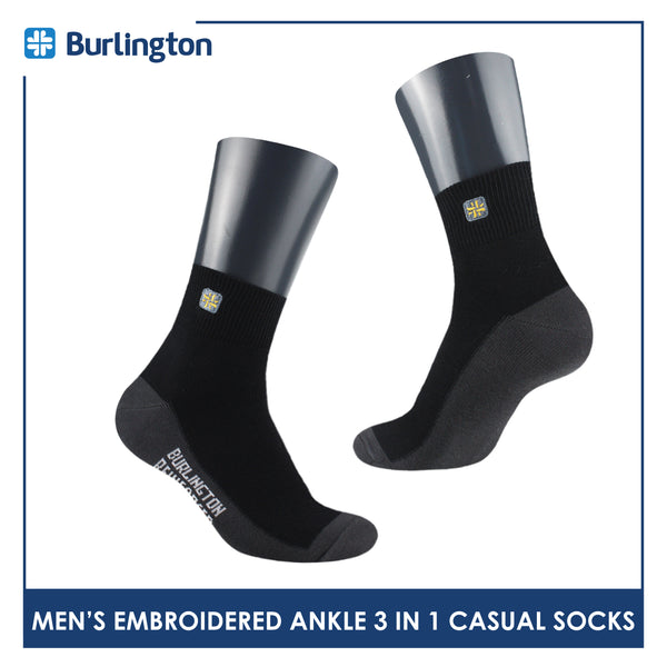 Burlington Men's Cotton Embroidered Thin Casual Ankle Socks 3 pairs in a pack BMCEKG01