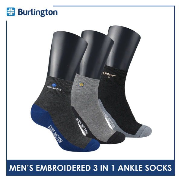 Burlington Men's Cotton Embroidered Thin Casual Ankle Socks 3 pairs in a pack BMCEKG01