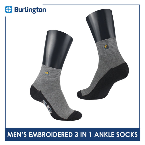 Burlington Men's Cotton Embroidered Thin Casual Ankle Socks 3 pairs in a pack BMCEKG01