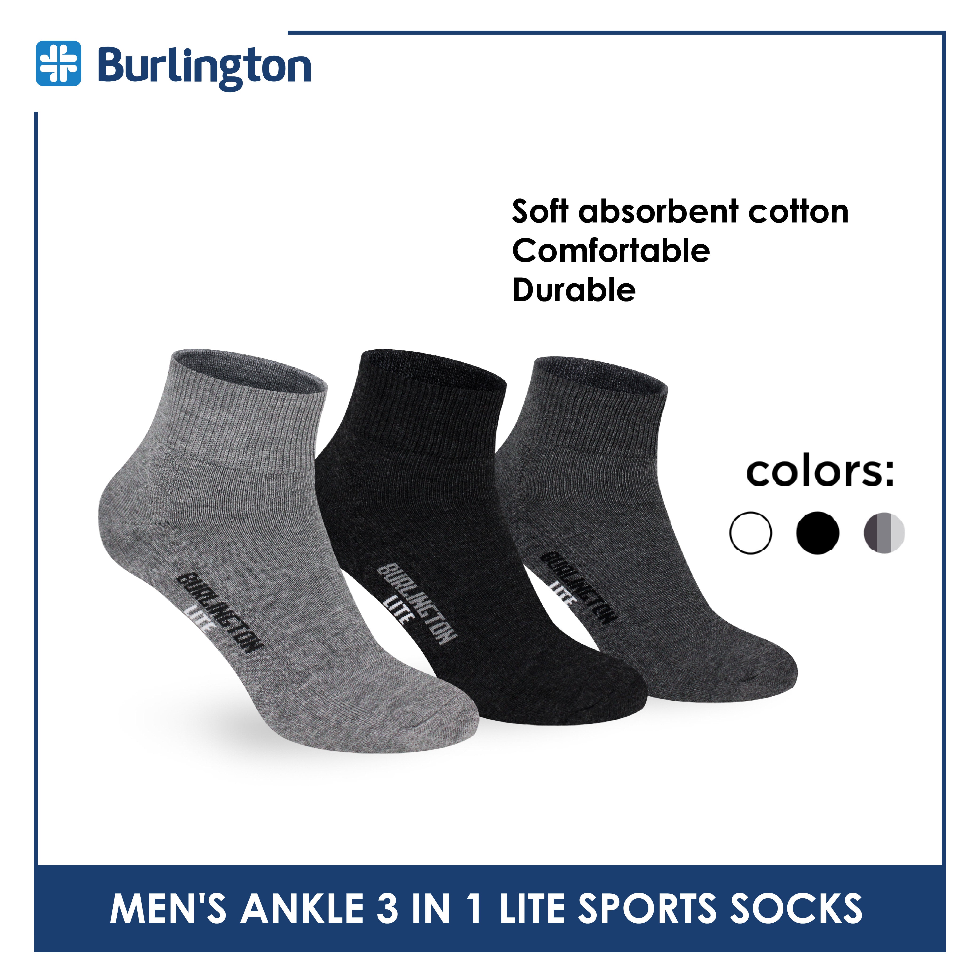 Burlington Men's Cotton Lite Sports Half Terry Performance Ankle Socks 3 pairs in a pack BML-222