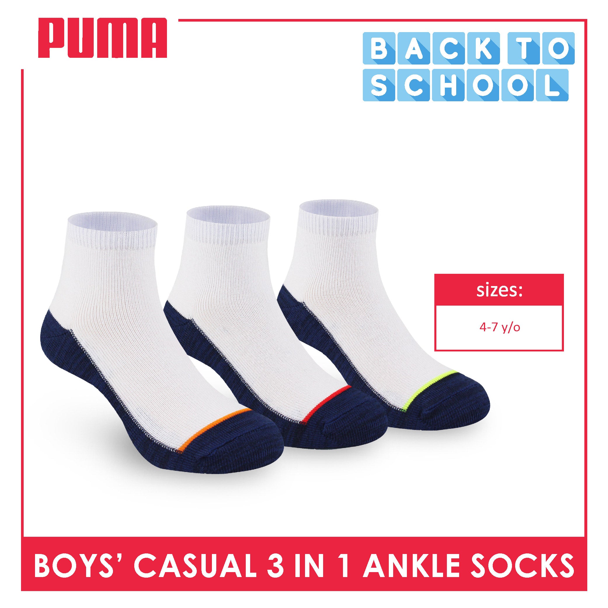Puma Boys’ Cotton Thin Casual Ankle Socks 3 pairs in 1 pack PBCKG30