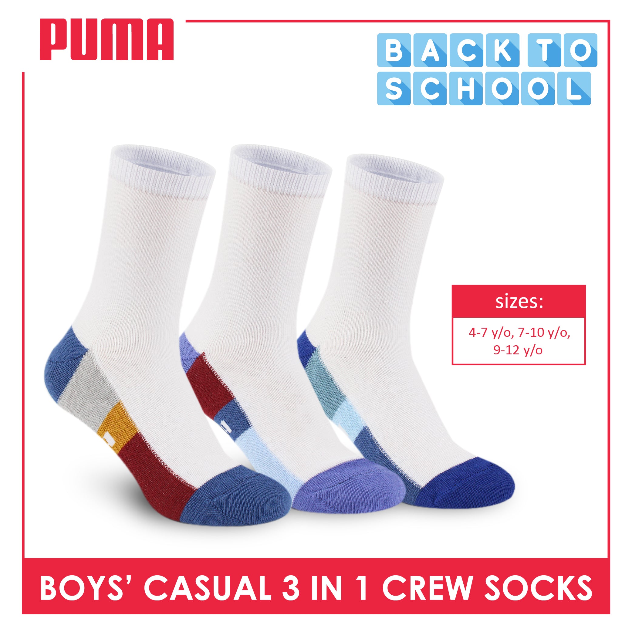 Puma Boys’ Cotton Thin Crew Socks 3 pairs in a pack PBCKG33