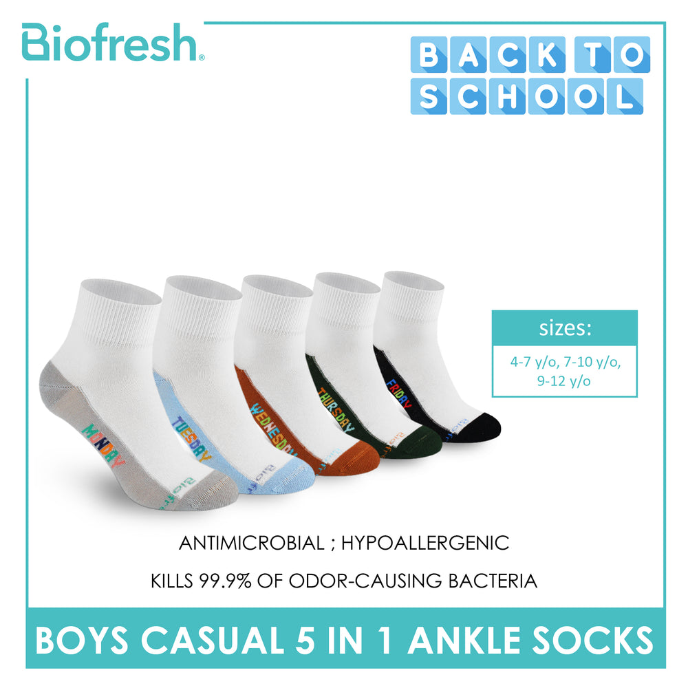 Biofresh Boys’ Antimicrobial Cotton Lite Casual Ankle Socks 5 pairs in 1 pack RBCKG1F