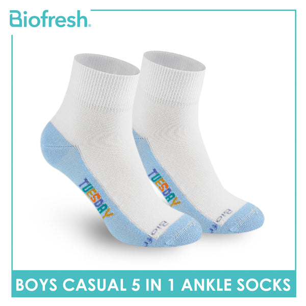 Biofresh Boys’ Antimicrobial Cotton Lite Casual Ankle Socks 5 pairs in 1 pack RBCKG1F