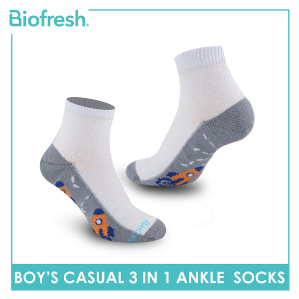 Biofresh Boys’ Antimicrobial Cotton Lite Thin Casual Ankle Socks 3 pairs in a pack RBCKG56