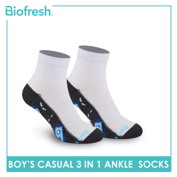 Biofresh Boys’ Antimicrobial Cotton Lite Thin Casual Ankle Socks 3 pairs in a pack RBCKG56