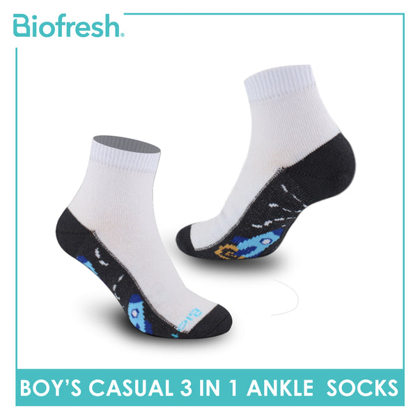 Biofresh Boys’ Antimicrobial Cotton Lite Thin Casual Ankle Socks 3 pairs in a pack RBCKG56