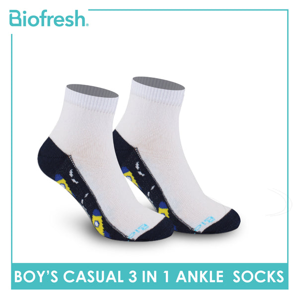 Biofresh Boys’ Antimicrobial Cotton Lite Thin Casual Ankle Socks 3 pairs in a pack RBCKG56