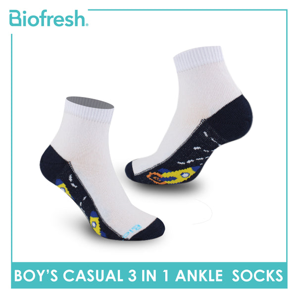 Biofresh Boys’ Antimicrobial Cotton Lite Thin Casual Ankle Socks 3 pairs in a pack RBCKG56