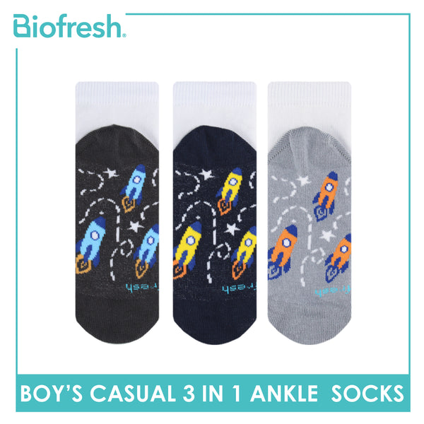 Biofresh Boys’ Antimicrobial Cotton Lite Thin Casual Ankle Socks 3 pairs in a pack RBCKG56