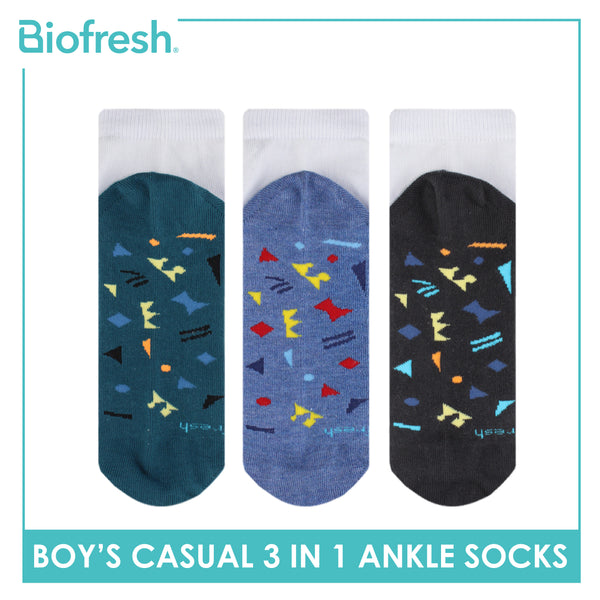 Biofresh Boys’ Antimicrobial Cotton Lite Thin Casual Ankle Socks 3 pairs in a pack RBCKG58