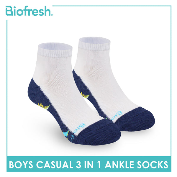 Biofresh Boys’ Antimicrobial Cotton Lite Casual Ankle Socks 3 pairs in 1 pack RBCKG61