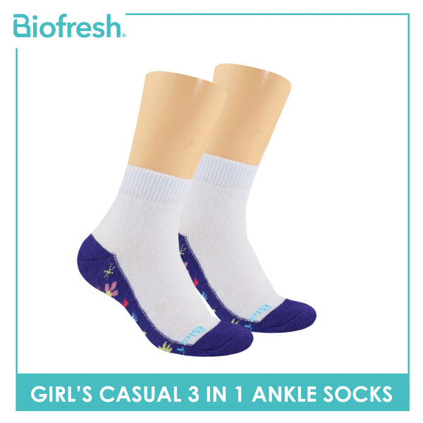 Biofresh Girls’ Antimicrobial Cotton Thin Casual Ankle Socks 3 pairs in a pack RGCKG63