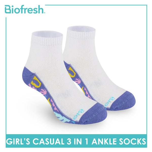Biofresh Girls’ Antimicrobial Cotton Lite Casual Ankle Socks 3 pairs in 1 pack RGCKG68