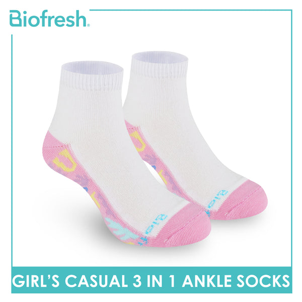 Biofresh Girls’ Antimicrobial Cotton Lite Casual Ankle Socks 3 pairs in 1 pack RGCKG68