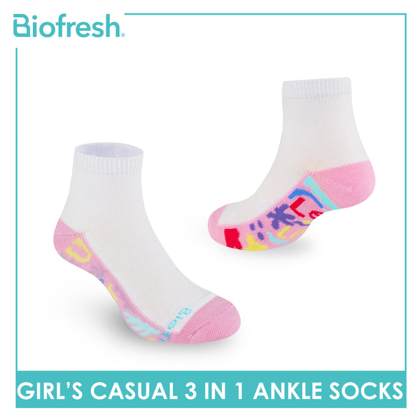 Biofresh Girls’ Antimicrobial Cotton Lite Casual Ankle Socks 3 pairs in 1 pack RGCKG68