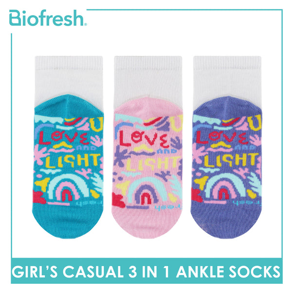 Biofresh Girls’ Antimicrobial Cotton Lite Casual Ankle Socks 3 pairs in 1 pack RGCKG68