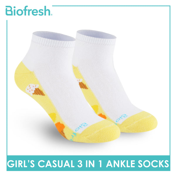 Biofresh Girls’ Antimicrobial Cotton Lite Casual Ankle Socks 3 pairs in 1 pack RGCKG69