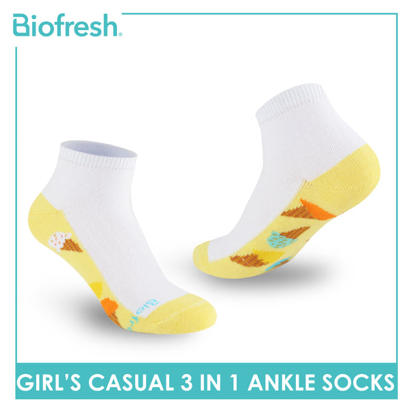 Biofresh Girls’ Antimicrobial Cotton Lite Casual Ankle Socks 3 pairs in 1 pack RGCKG69