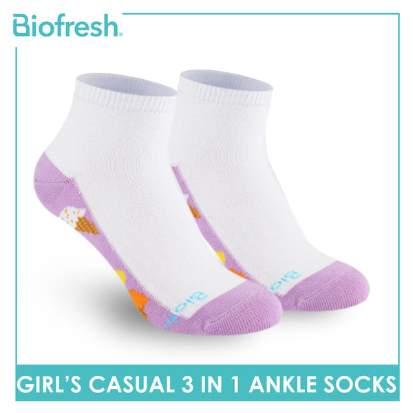 Biofresh Girls’ Antimicrobial Cotton Lite Casual Ankle Socks 3 pairs in 1 pack RGCKG69