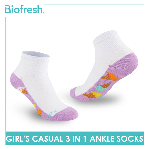 Biofresh Girls’ Antimicrobial Cotton Lite Casual Ankle Socks 3 pairs in 1 pack RGCKG69