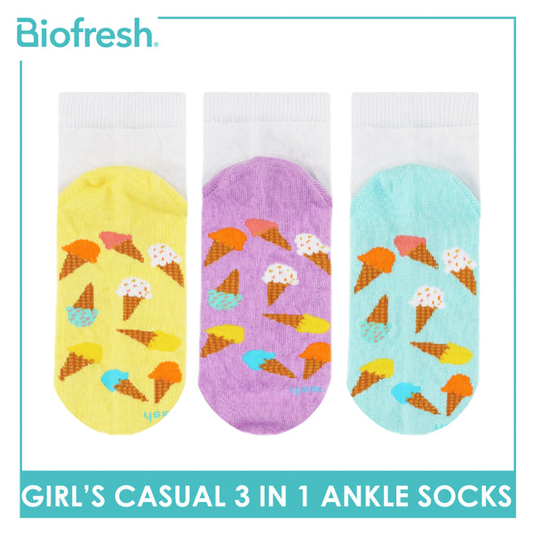 Biofresh Girls’ Antimicrobial Cotton Lite Casual Ankle Socks 3 pairs in 1 pack RGCKG69