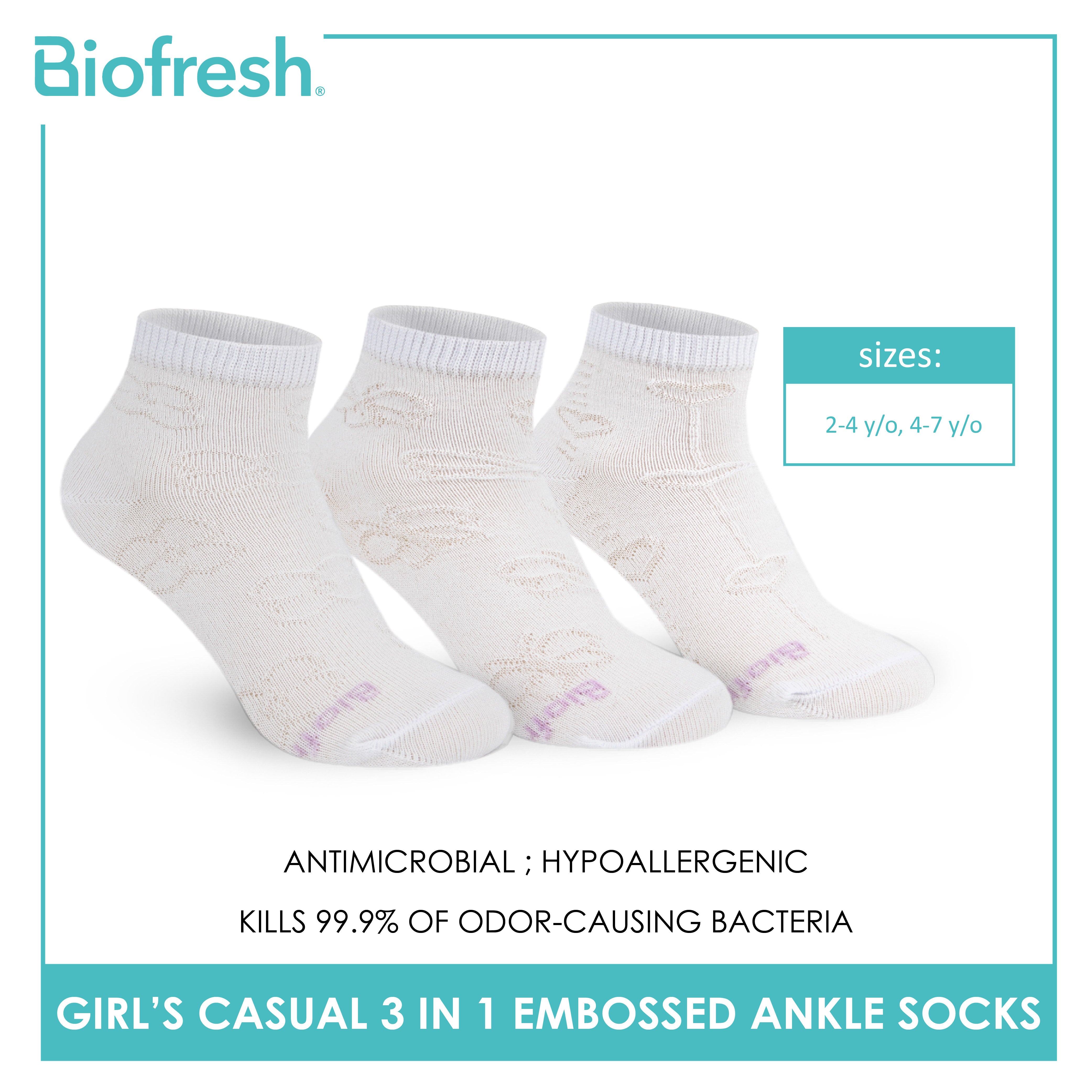 Biofresh Girls’ Antimicrobial Embossed Cotton Lite Casual Ankle Socks 3 pairs in 1 pack RGCKG70