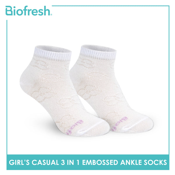 Biofresh Girls’ Antimicrobial Embossed Cotton Lite Casual Ankle Socks 3 pairs in 1 pack RGCKG70