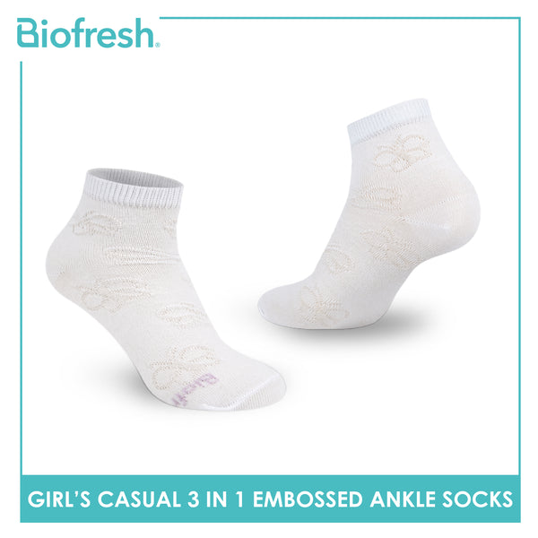 Biofresh Girls’ Antimicrobial Embossed Cotton Lite Casual Ankle Socks 3 pairs in 1 pack RGCKG70