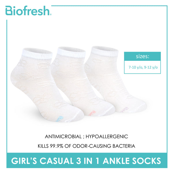 Biofresh Girls’ Antimicrobial Embossed Cotton Lite Casual Ankle Socks 3 pairs in 1 pack RGCKG70