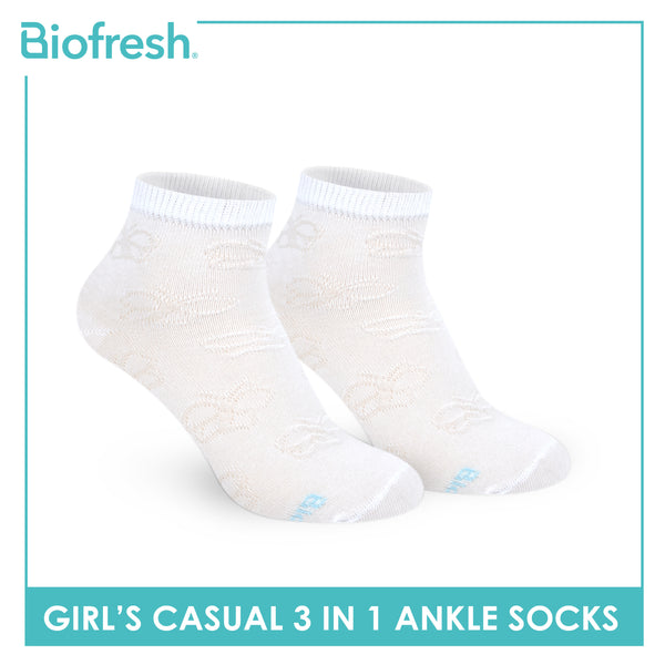 Biofresh Girls’ Antimicrobial Embossed Cotton Lite Casual Ankle Socks 3 pairs in 1 pack RGCKG70
