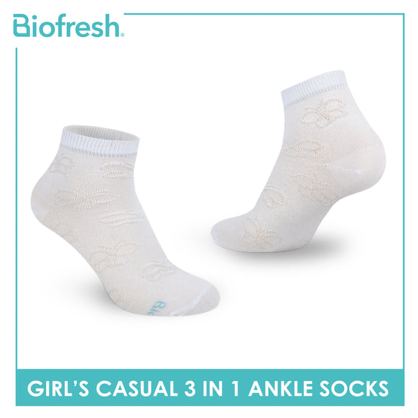 Biofresh Girls’ Antimicrobial Embossed Cotton Lite Casual Ankle Socks 3 pairs in 1 pack RGCKG70