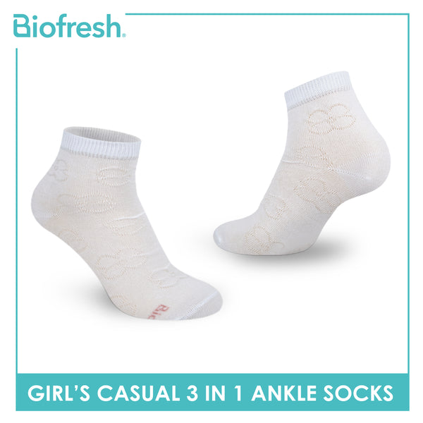 Biofresh Girls’ Antimicrobial Embossed Cotton Lite Casual Ankle Socks 3 pairs in 1 pack RGCKG70