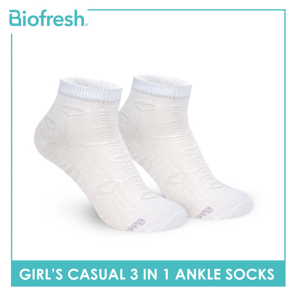 Biofresh Girls’ Antimicrobial Embossed Cotton Lite Casual Ankle Socks 3 pairs in 1 pack RGCKG70