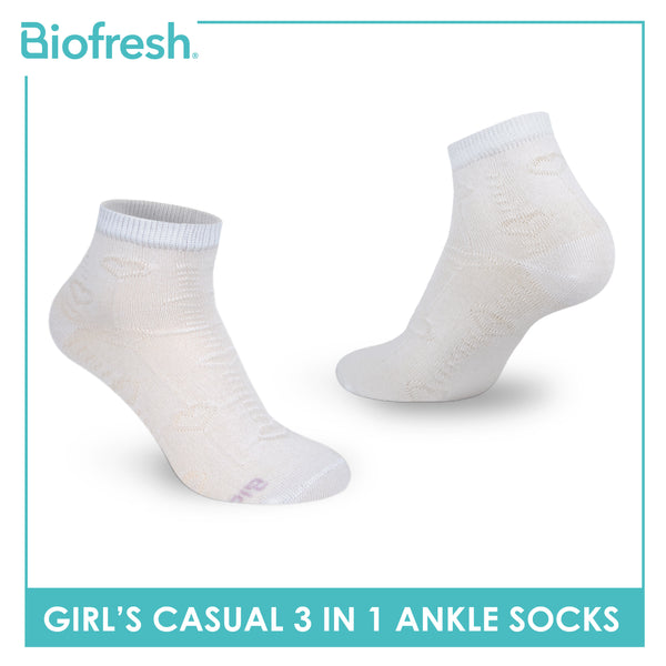 Biofresh Girls’ Antimicrobial Embossed Cotton Lite Casual Ankle Socks 3 pairs in 1 pack RGCKG70