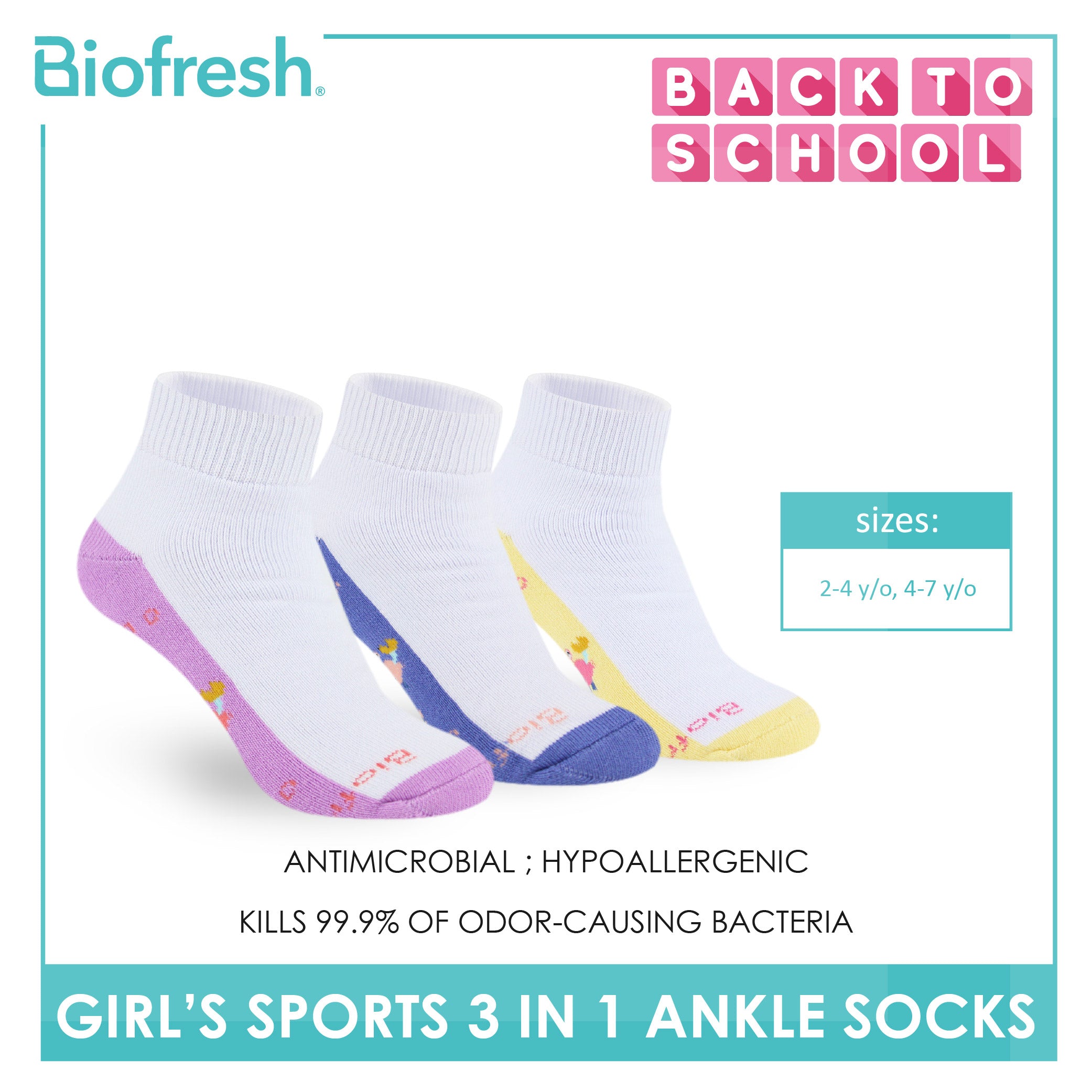 Biofresh Girl's Antimicrobial Cotton Sports Ankle Socks 3 pairs in 1 pack RGSKG29
