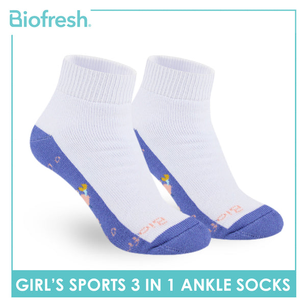 Biofresh Girl's Antimicrobial Cotton Sports Ankle Socks 3 pairs in 1 pack RGSKG29